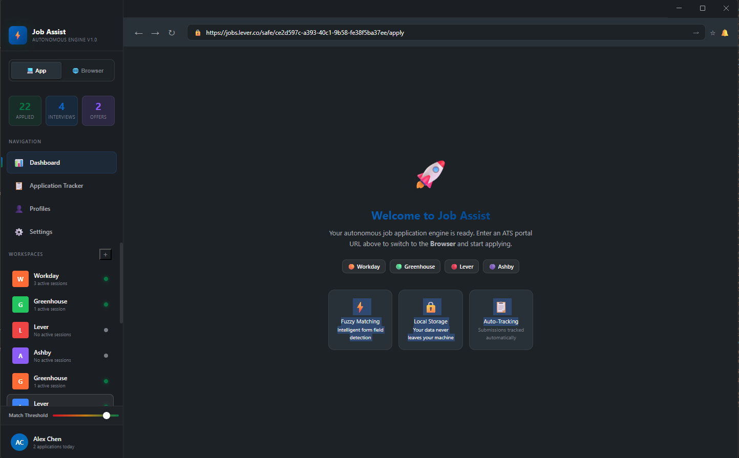 JobAssist Desktop Application - Integrated Browser Workspace